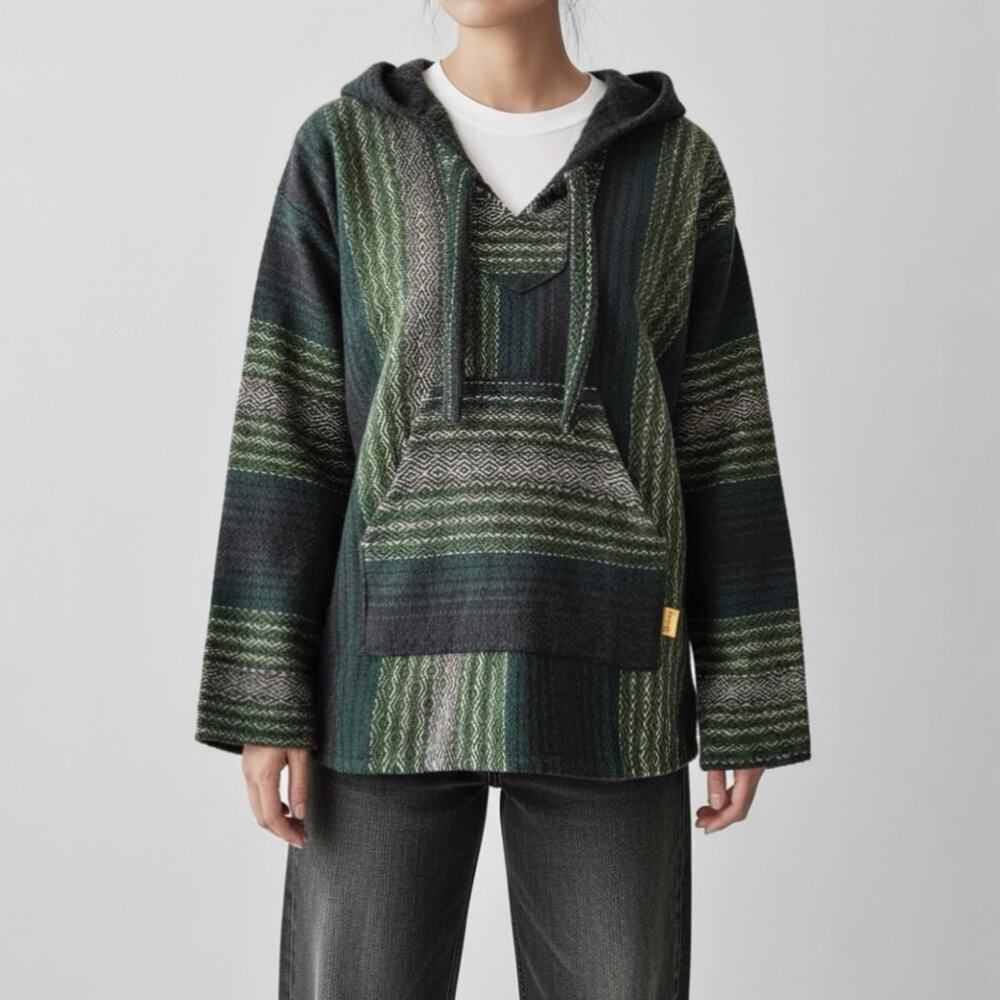 Baja Hoodie Drug Rug Woven Boho Southwestern Ethnic Pullover V Neck Earthy S
